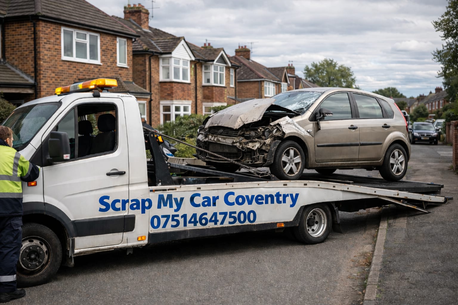 Scrap car collection service in Coventry loading a damaged car onto a recovery truck