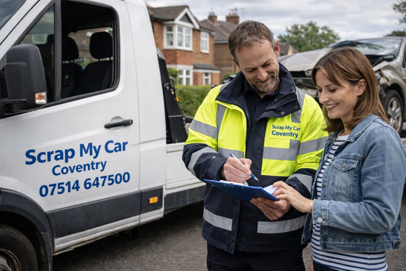 Recovery driver helping a customer arrange scrap car collection in Coventry