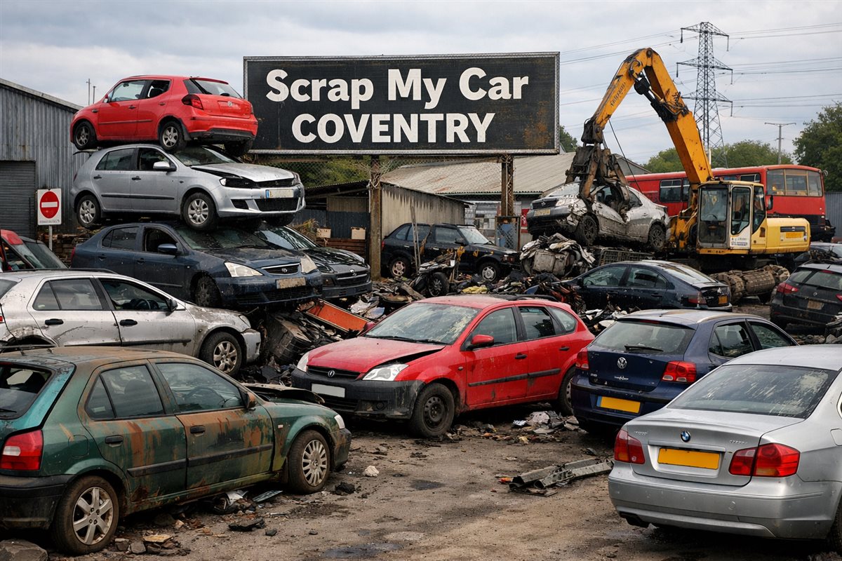 Scrap car recycling yard in Coventry with vehicles ready for dismantling