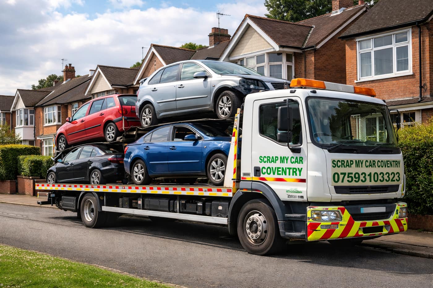 Scrap My Car Coventry collection truck on a Coventry residential street